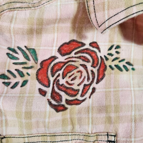 Upcycled Hand PaintedFlowers Butterflies Flannel Shirt - Bleached Red M - Picture 6 of 10